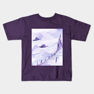 Fantastic landscape with flying saucers, UFOs, aliens. Encaustic, art, sketch Kids T-Shirt